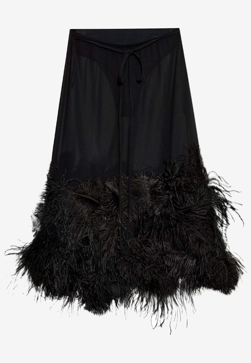 The Attico Ostrich Feather-Trim Sheer Midi Skirt Black 250WCS00264_100