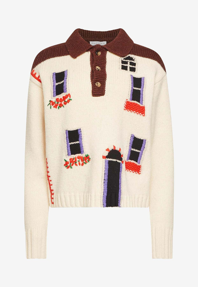 JW Anderson House Intarsia Knit Polo Sweater Beige KW1405YN0413_130