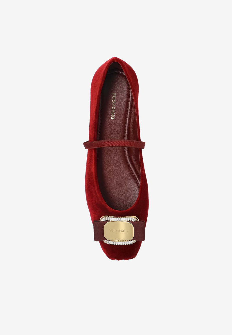 Salvatore Ferragamo Zina Vara Plate Velvet Ballet Flats Bordeaux 01J247 ZINA V 779727-BRICK CARMINE 365 NEBBIOLO