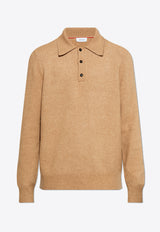 Salvatore Ferragamo Logo Plaque Wool Knit Polo T-shirt Beige 122556 E 781162-CAMEL