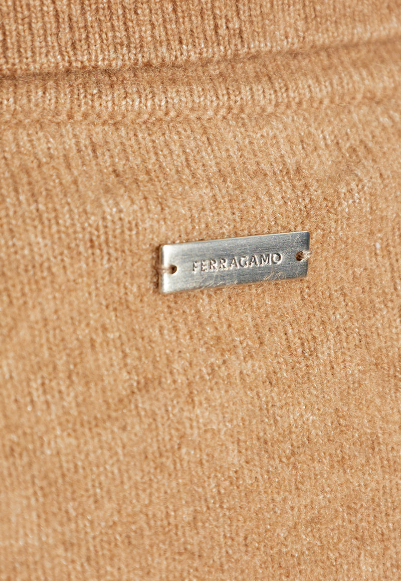 Salvatore Ferragamo Logo Plaque Wool Knit Polo T-shirt Beige 122556 E 781162-CAMEL