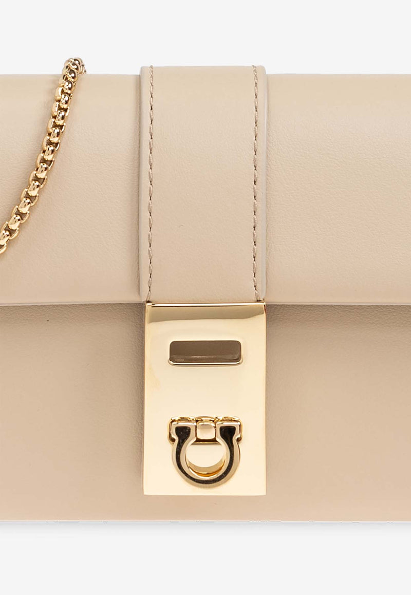 Salvatore Ferragamo Hug Leather Chain Clutch Beige 220668 WALLET CHAIN 779163-STONE