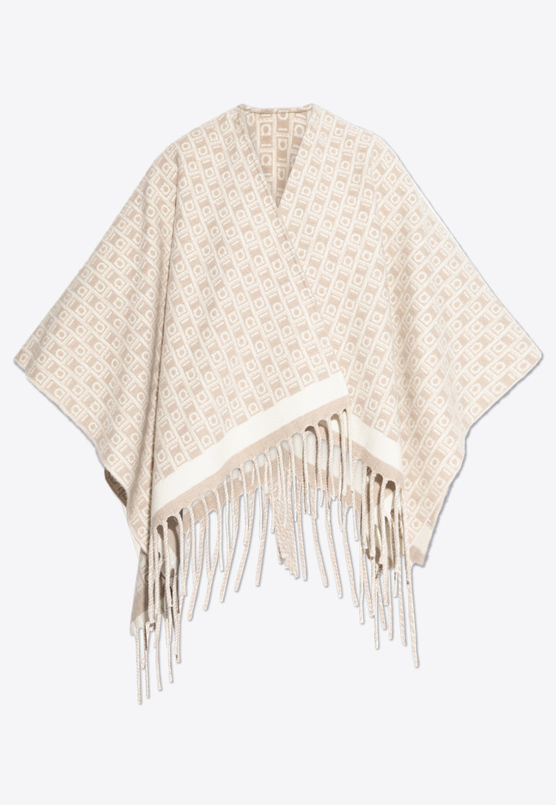 Salvatore Ferragamo Monogram Fringed Wool Poncho Cream 320959 CAPE MONOGRA 779387-MASCARPONE