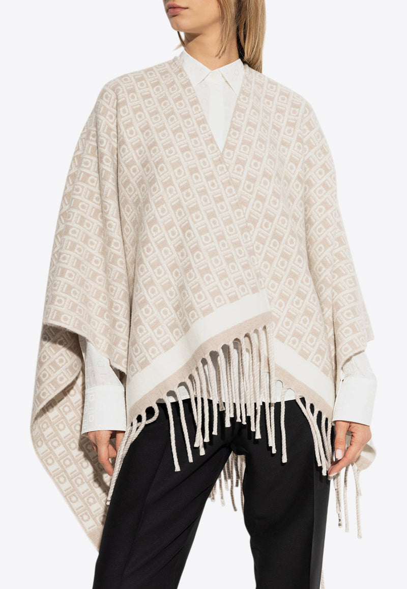 Salvatore Ferragamo Monogram Fringed Wool Poncho Cream 320959 CAPE MONOGRA 779387-MASCARPONE