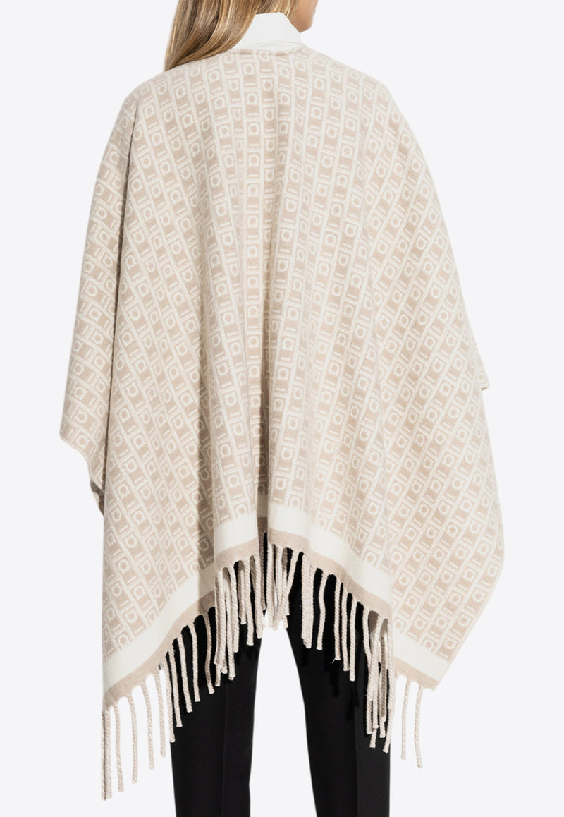 Salvatore Ferragamo Monogram Fringed Wool Poncho Cream 320959 CAPE MONOGRA 779387-MASCARPONE