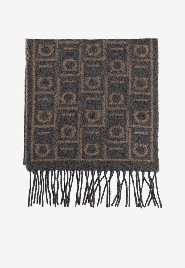 Salvatore Ferragamo Monogram Wool and Cashmere Scarf Gray 520125 SR MONOBLEND 779245-GRIGIO CAMEL