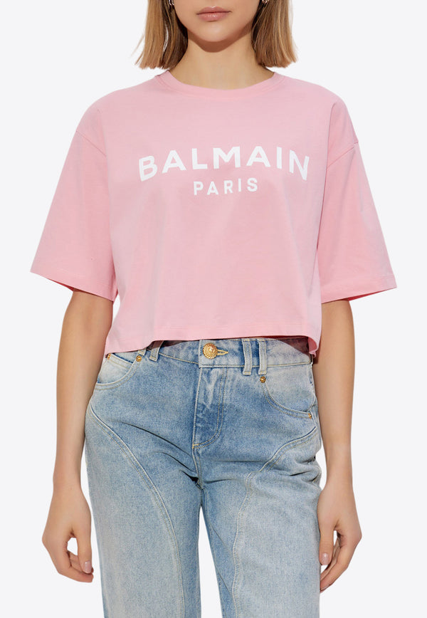 Balmain Logo Print Cropped T-shirt Pink BF1EE020 BB02-OLA