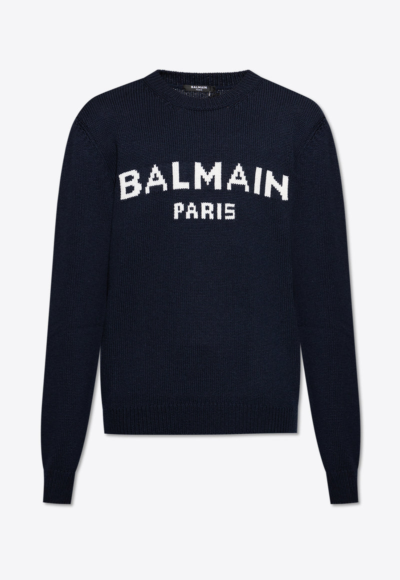 Balmain Logo Intarsia Crewneck Sweater Navy DH1KD000 KG97-SAJ