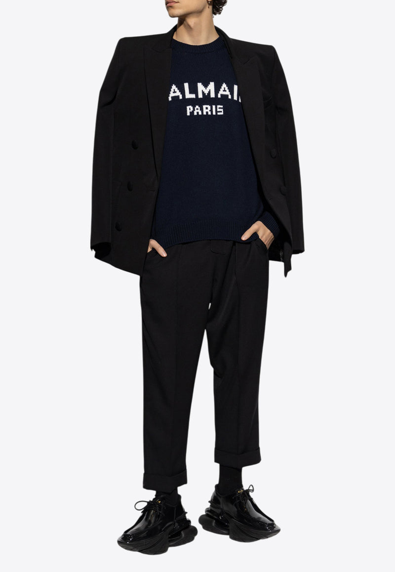 Balmain Logo Intarsia Crewneck Sweater Navy DH1KD000 KG97-SAJ