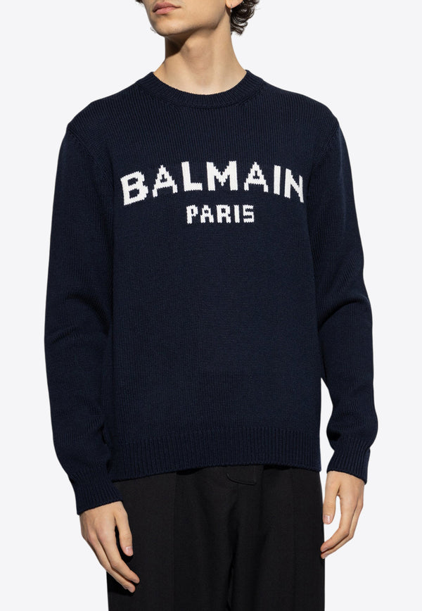 Balmain Logo Intarsia Crewneck Sweater Navy DH1KD000 KG97-SAJ