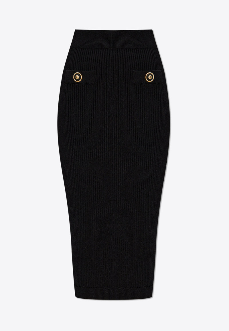 Balmain Rib Knit Midi Pencil Skirt Black EF1LD022 KI10-0PA