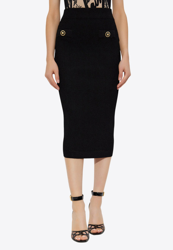 Balmain Rib Knit Midi Pencil Skirt Black EF1LD022 KI10-0PA