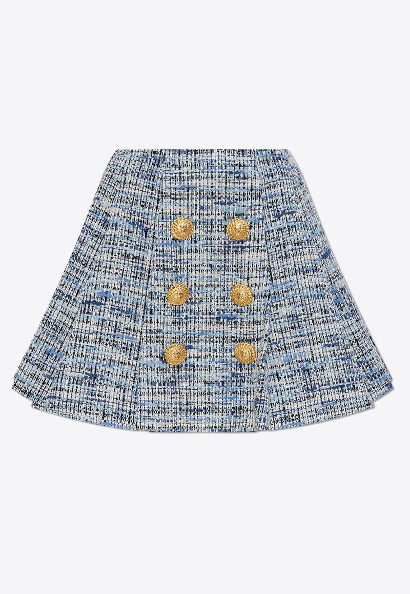 Balmain Flared Tweed Mini Skirt Blue EF1LBA53 CF77-6FC