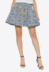 Balmain Flared Tweed Mini Skirt Blue EF1LBA53 CF77-6FC