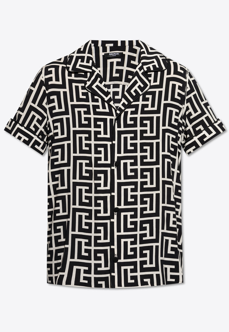 Balmain Monogram Print Bowling Shirt Black EH1HN011 VD01-GFE