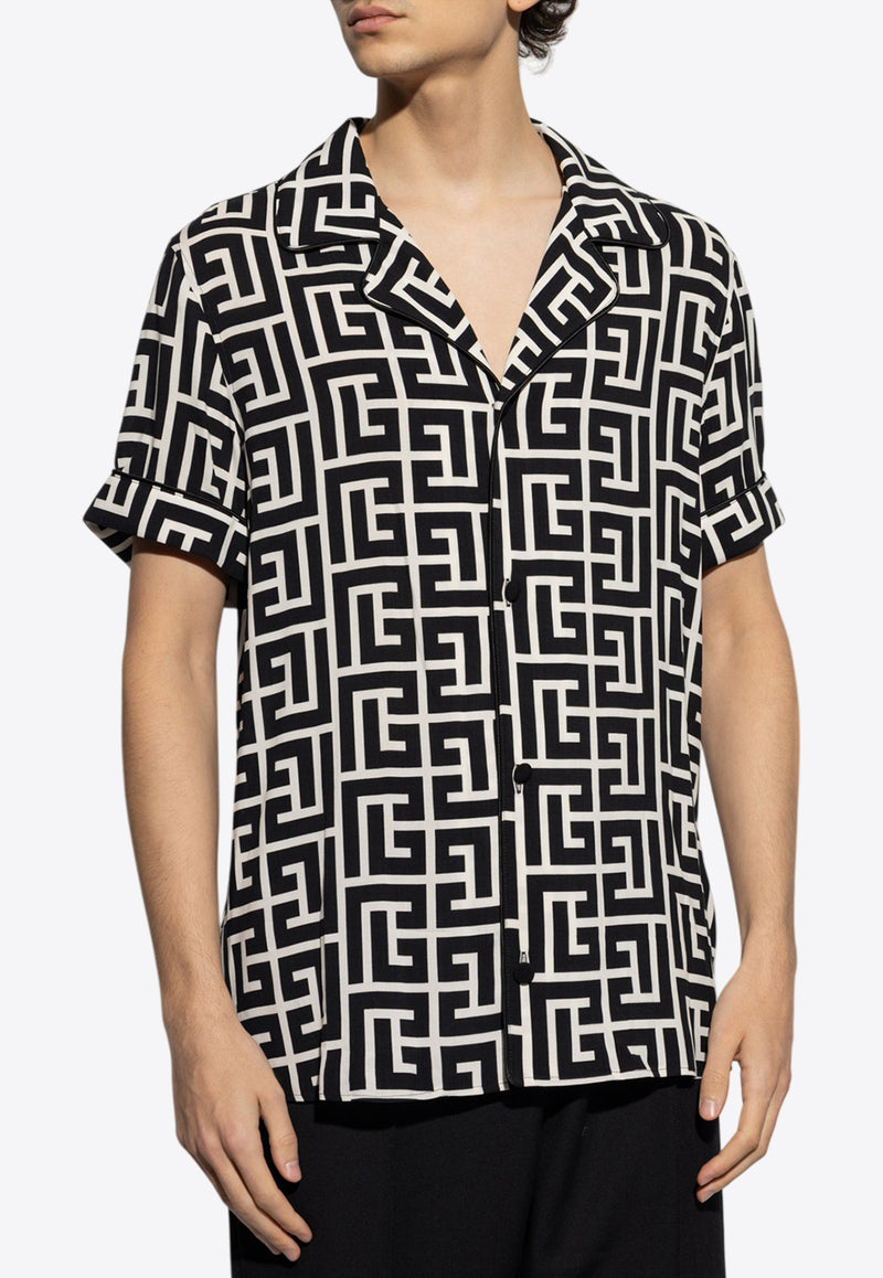 Balmain Monogram Print Bowling Shirt Black EH1HN011 VD01-GFE