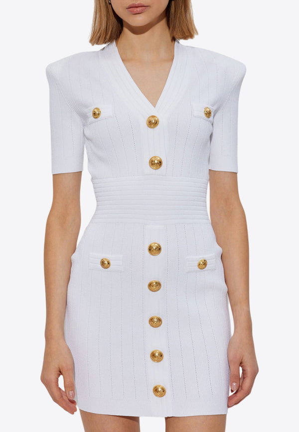 Balmain V-neck Knitted Mini Dress White EF1R6045 KB07-0FA