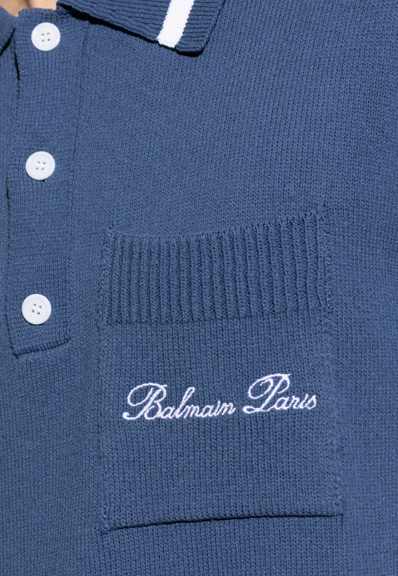 Balmain Signature Logo Embroidered Polo T-shirt Blue EH1GB046 KF96-SIV