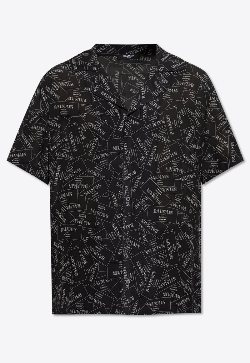 Balmain Logo Label Print Bowling Shirt Black EH1HN070 VH56-EAB