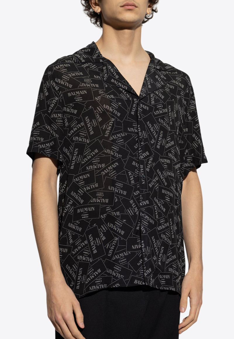 Balmain Logo Label Print Bowling Shirt Black EH1HN070 VH56-EAB