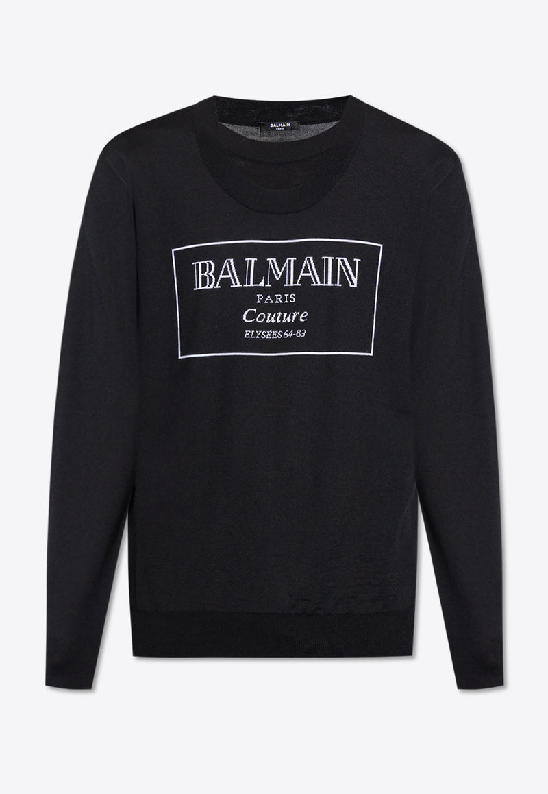 Balmain Couture Label Jacquard Wool Sweater Black EH1KD145 KH87-EAB