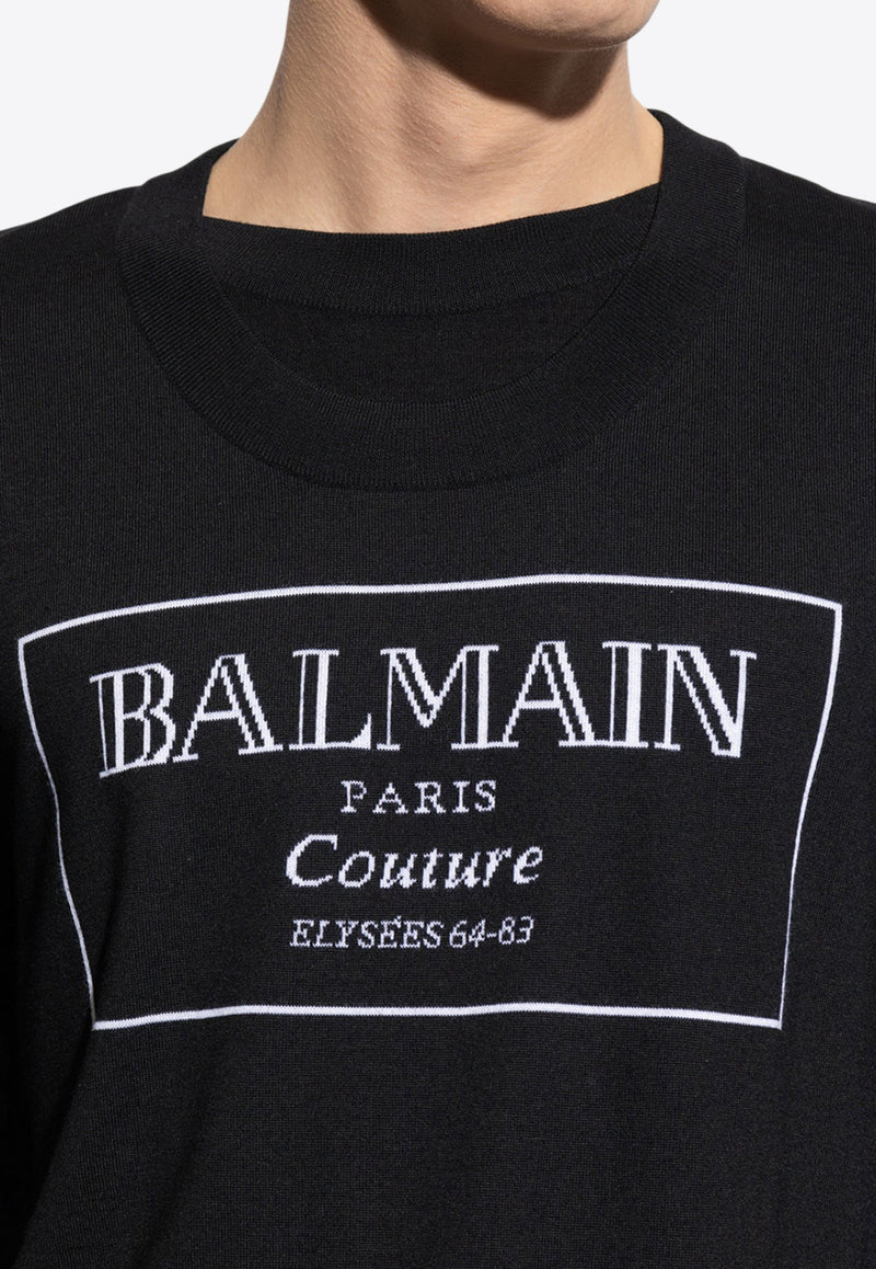 Balmain Couture Label Jacquard Wool Sweater Black EH1KD145 KH87-EAB