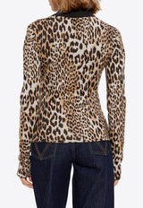 GANNI Leopard Print Wool Polo Sweater Brown K2341 2692-943