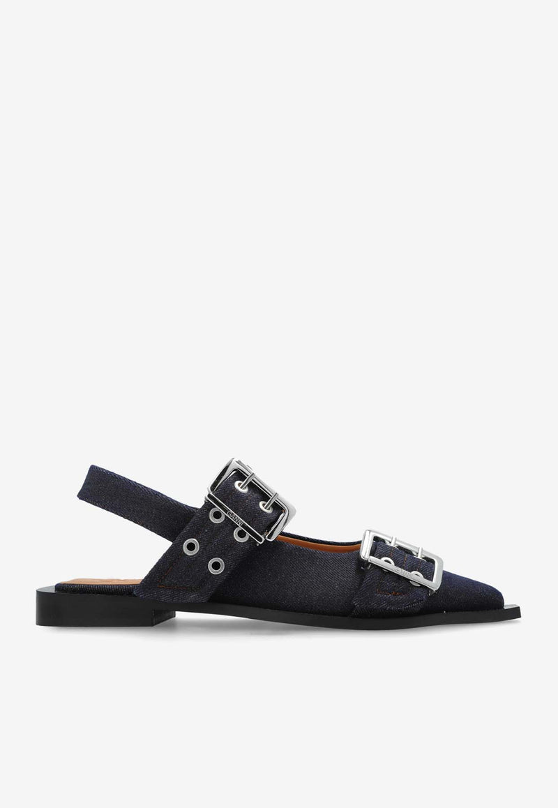 GANNI Buckled Slingback Denim Flats Navy S2797 4926-642