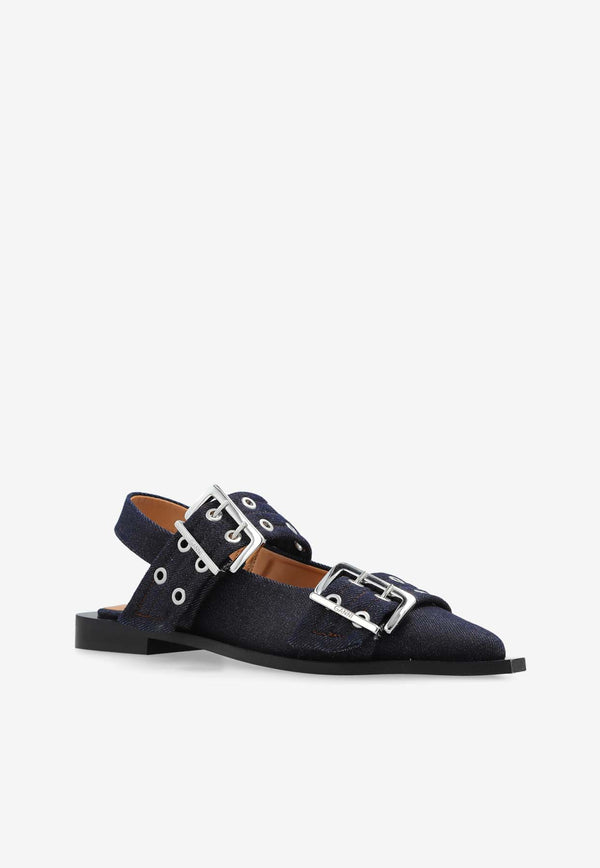 GANNI Buckled Slingback Denim Flats Navy S2797 4926-642