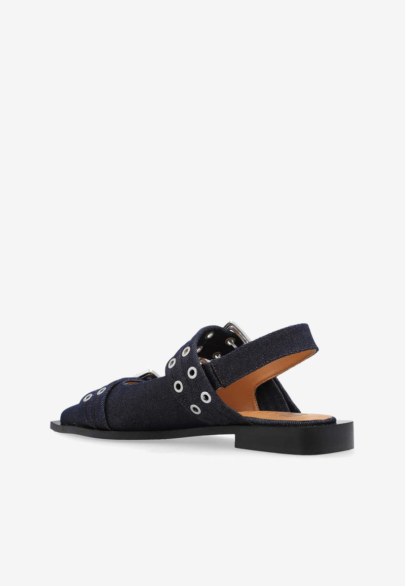 GANNI Buckled Slingback Denim Flats Navy S2797 4926-642