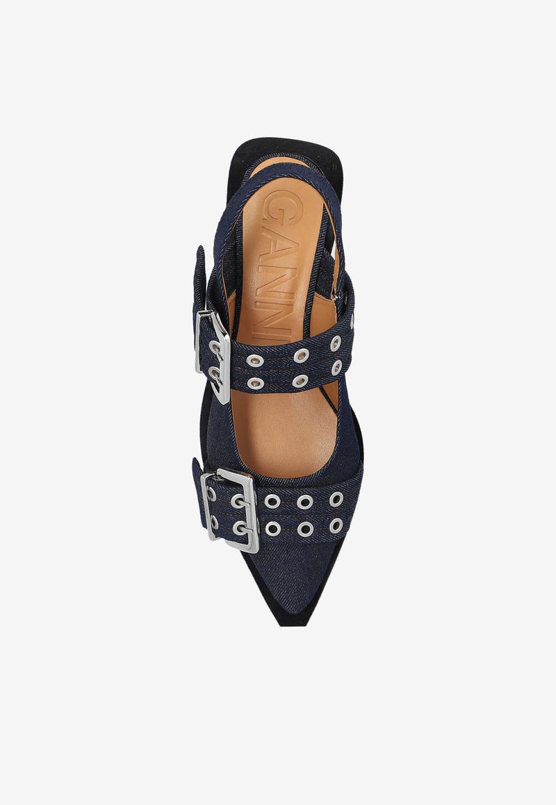 GANNI Buckled Slingback Denim Flats Navy S2797 4926-642