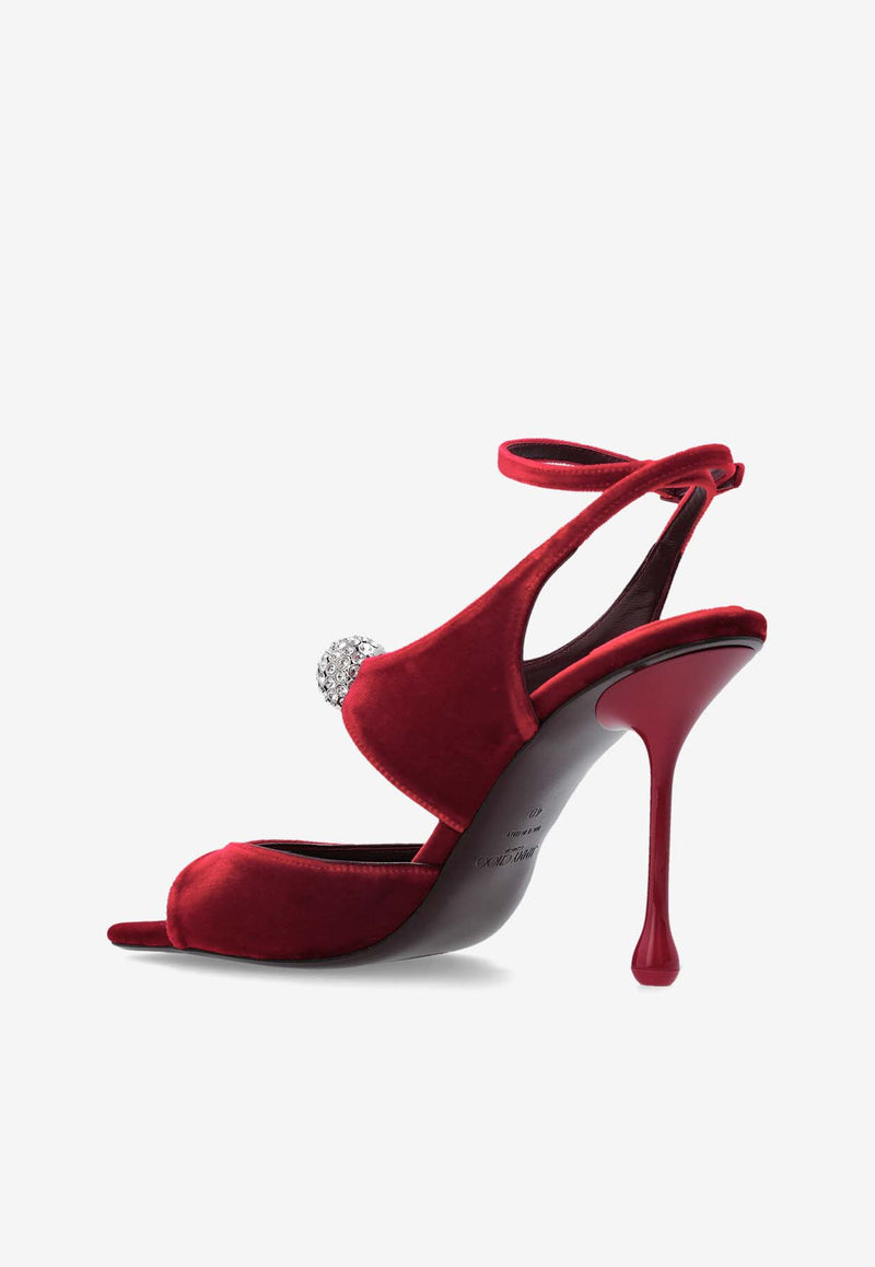 Jimmy Choo Orb 95 Velvet Sandals Red ORB 95 IQB-RUBY RED CRYSTAL