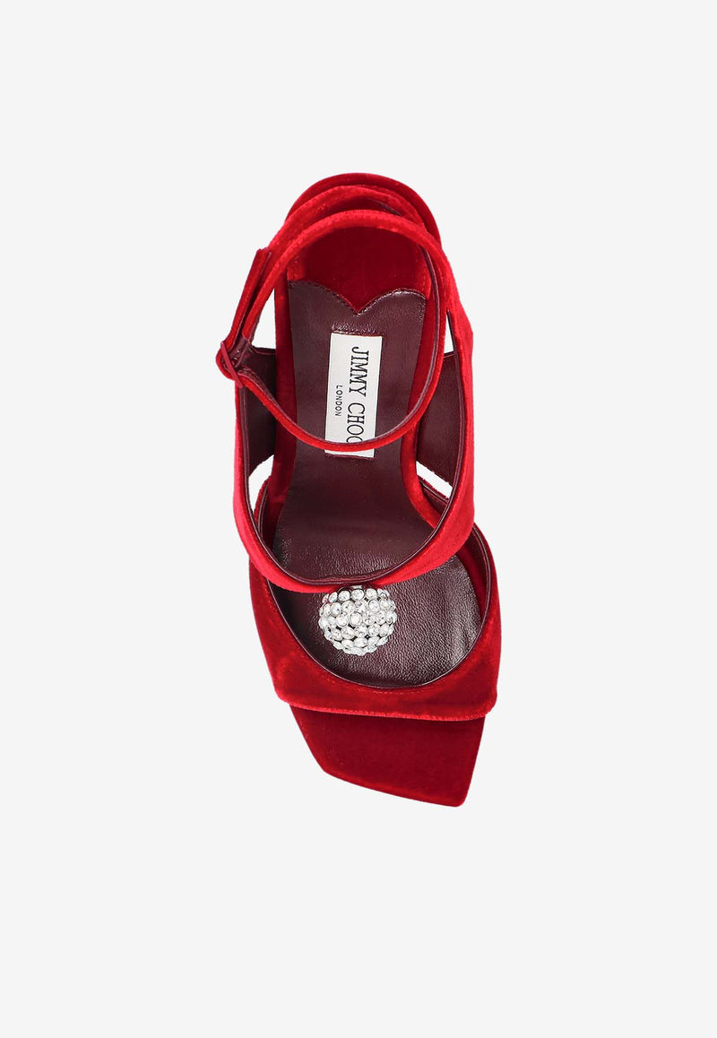 Jimmy Choo Orb 95 Velvet Sandals Red ORB 95 IQB-RUBY RED CRYSTAL