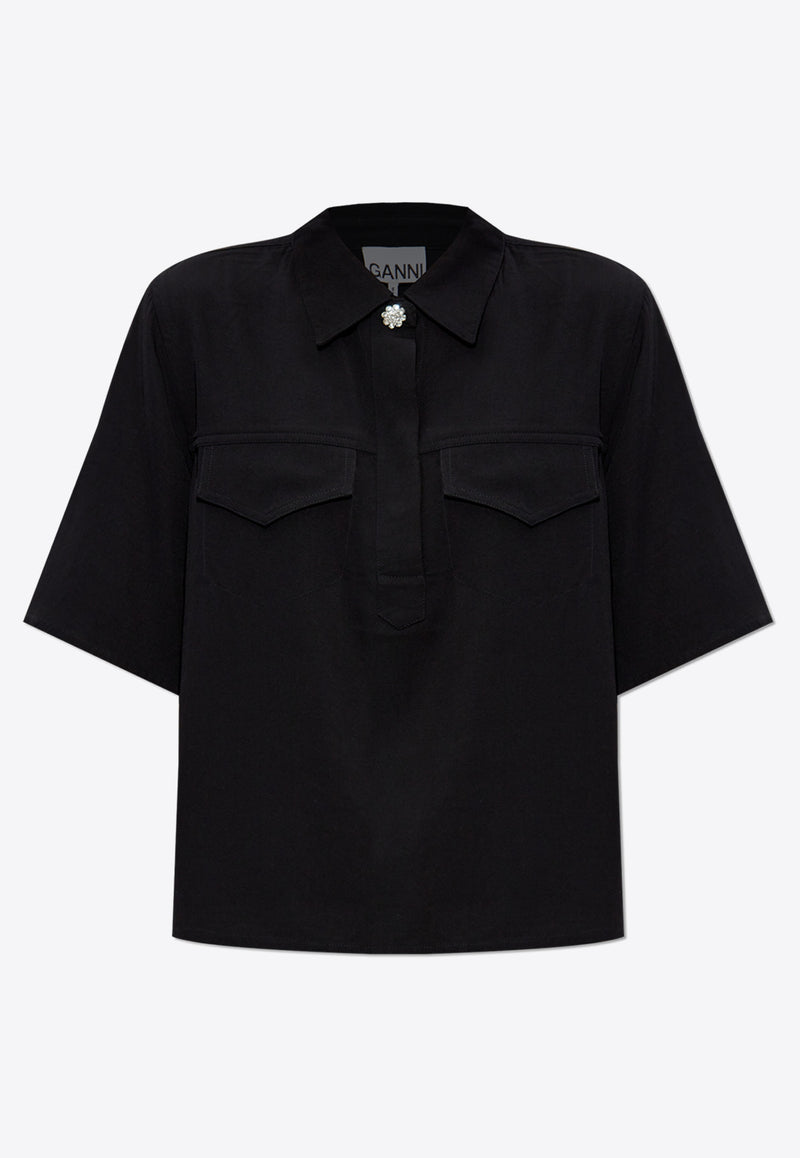 GANNI Viscose Twill Polo T-shirt Black W0180 6742-099