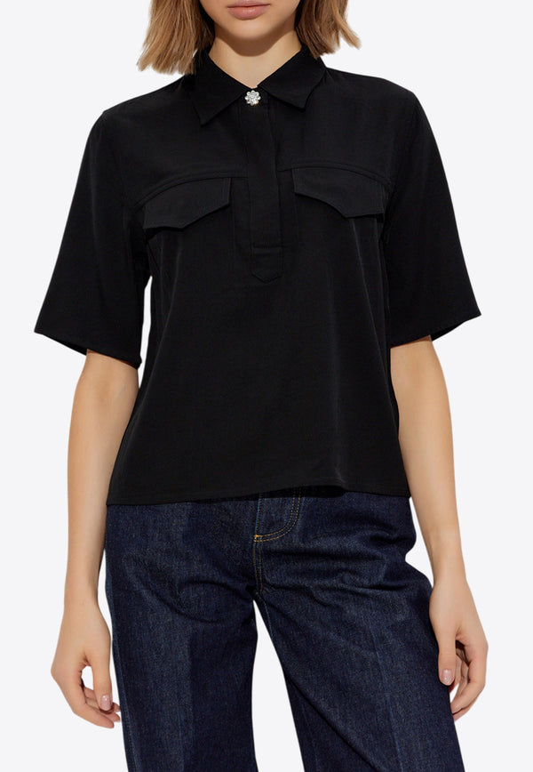 GANNI Viscose Twill Polo T-shirt Black W0180 6742-099