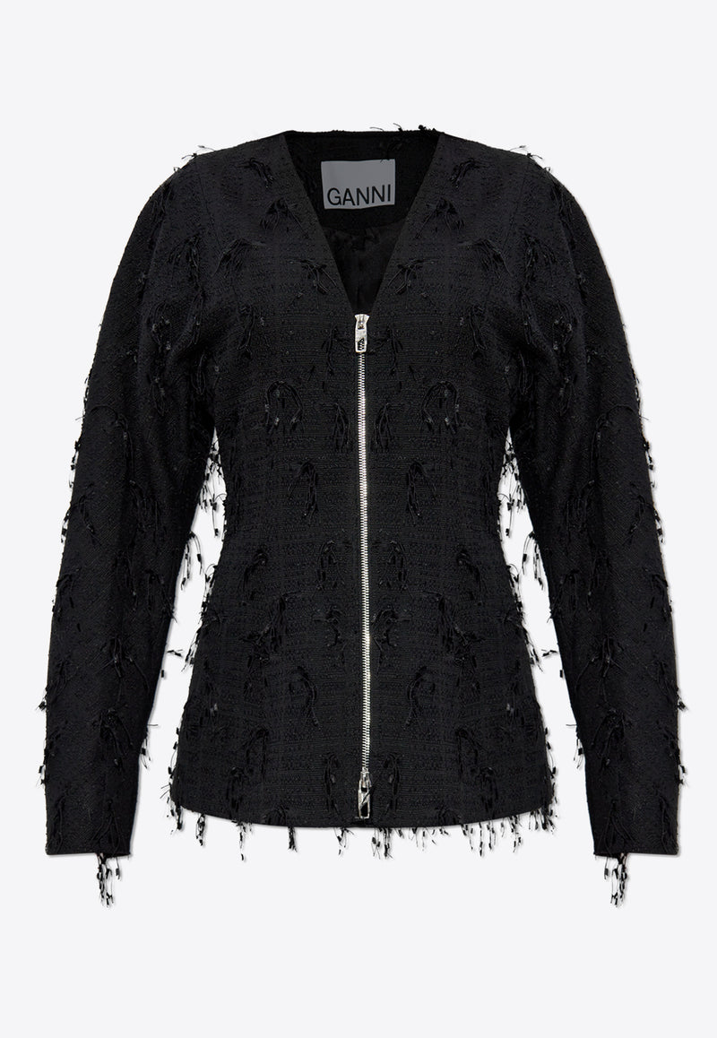 GANNI Feather-Embellished Zip-Up Jacket Black W0169 6892-099