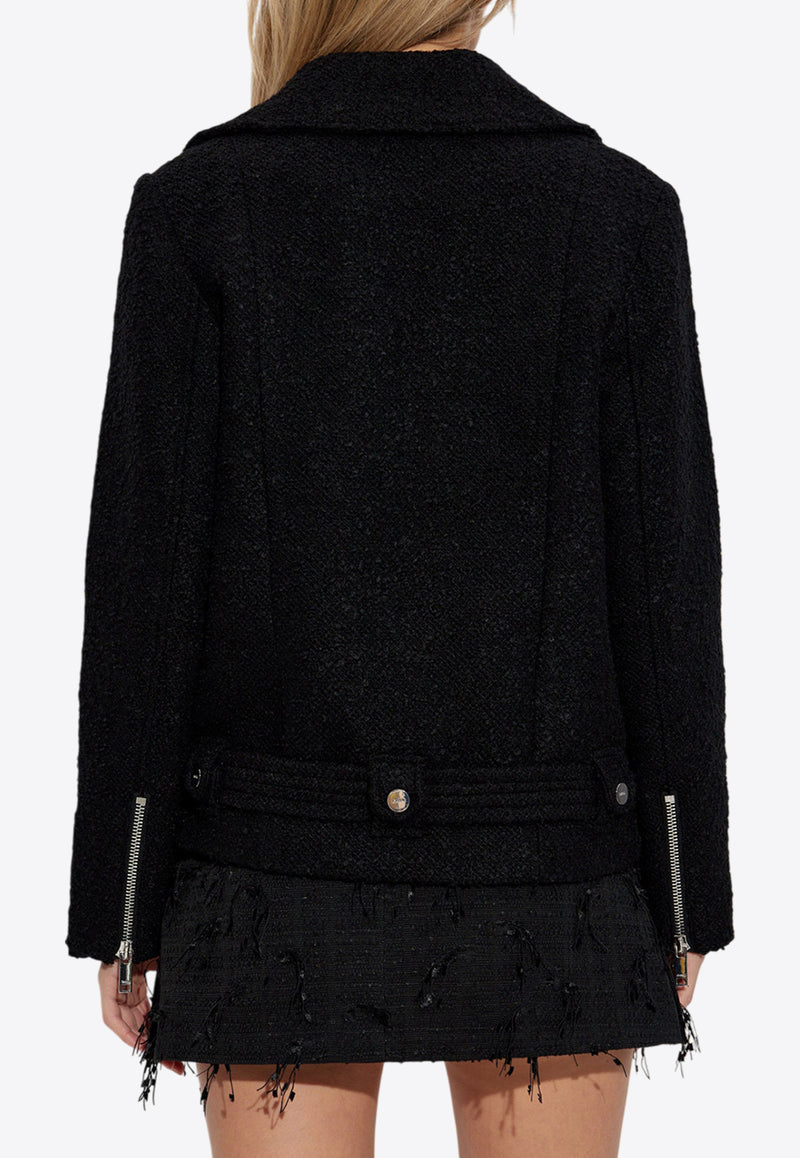 GANNI Boucle Wool Zip-Up Biker Jacket Black W0026 6867-099