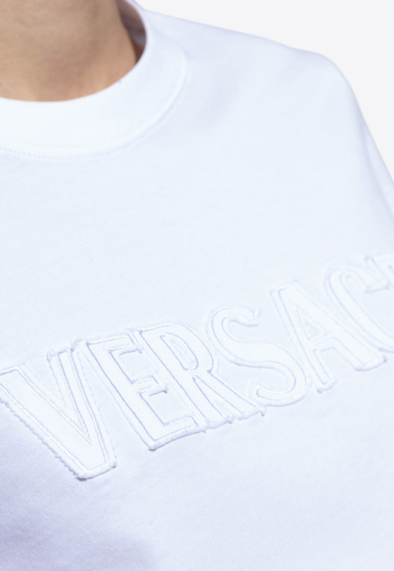 Versace Frayed Embroidered-Logo Crewneck T-shirt 1018981 1A13616-1W000