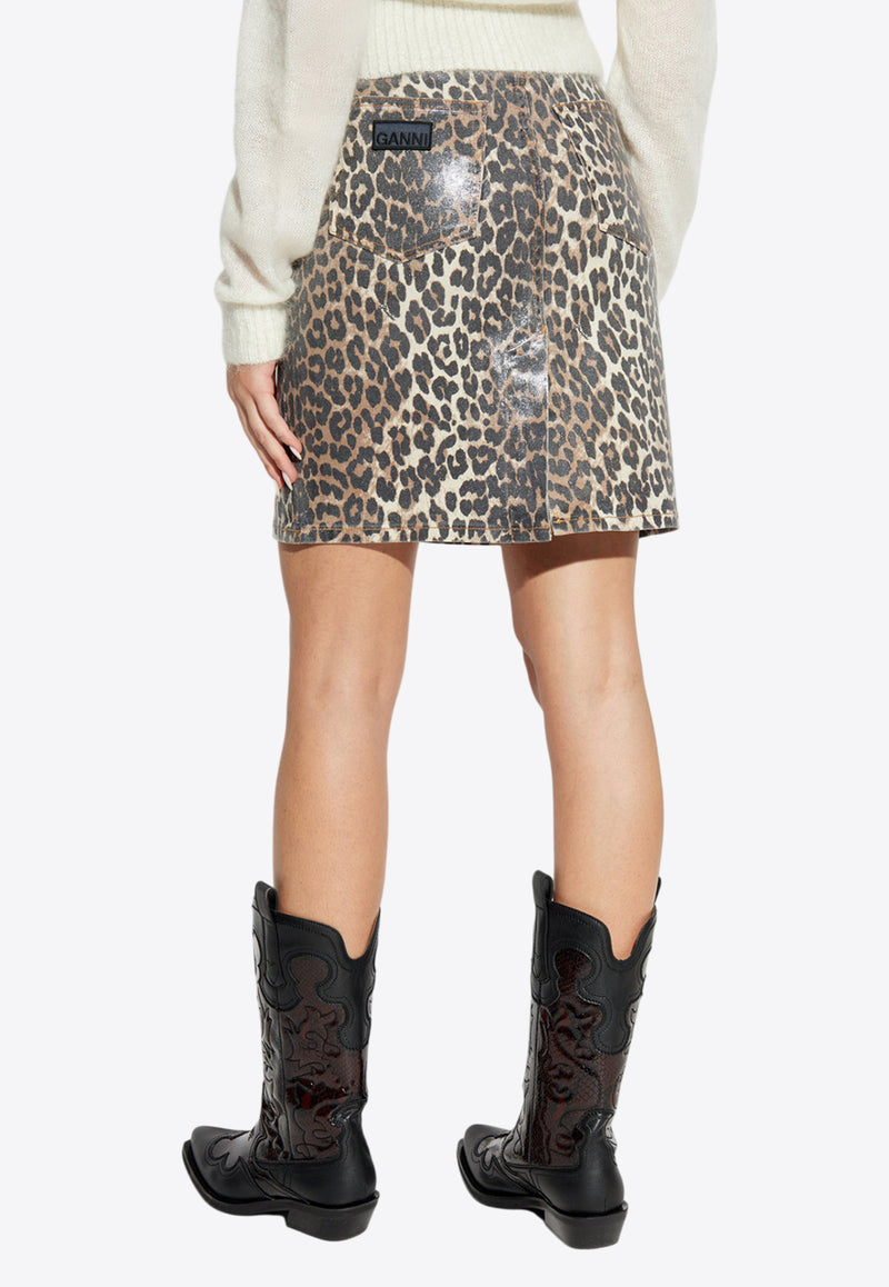 Ganni Leopard Print Mini Denim Skirt J1607 6767-943