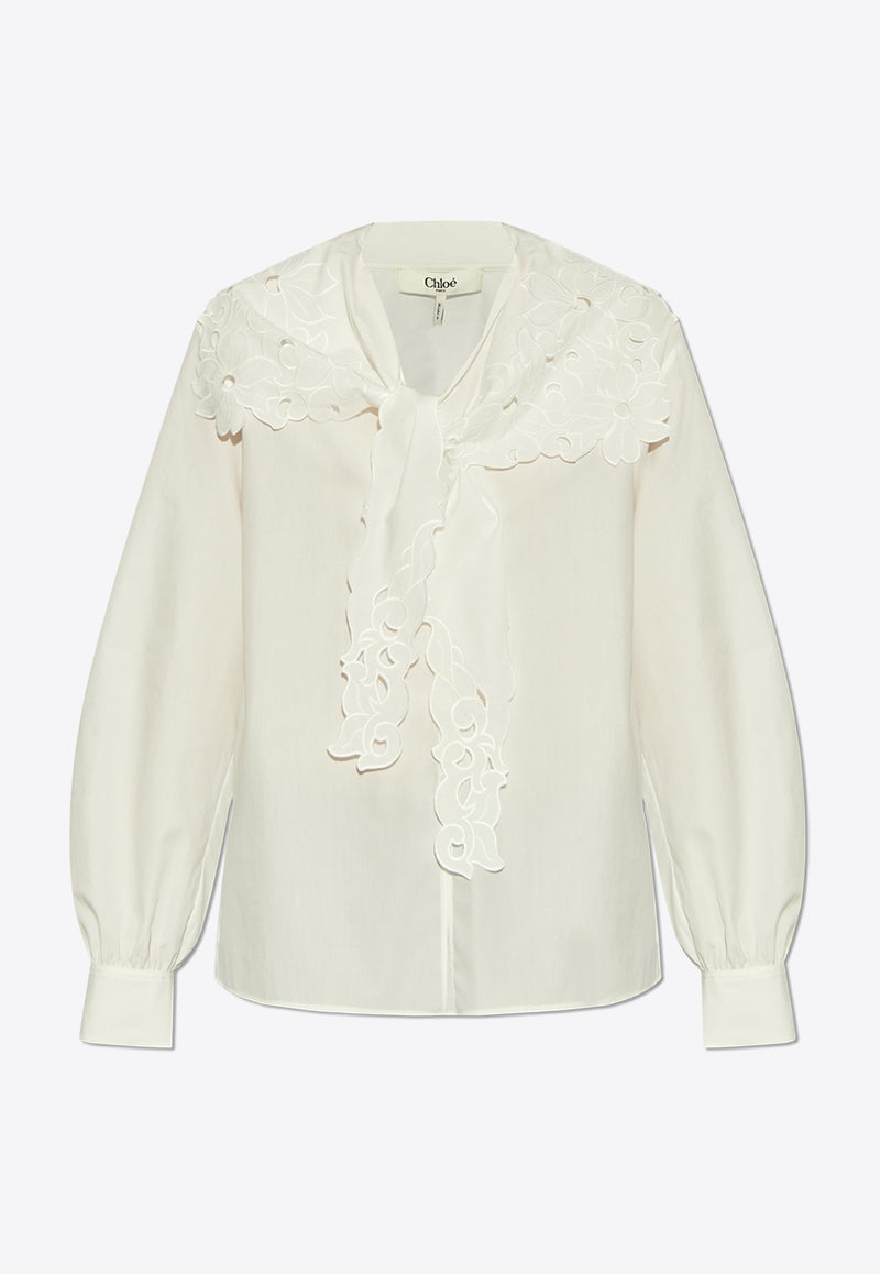 Chloé Embroidered Lavallière Button-Up Shirt White CH25SHT17 310-101