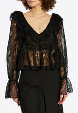 Chloé V-neck Ruffled Lace Top Black CH25SHT15 400-001