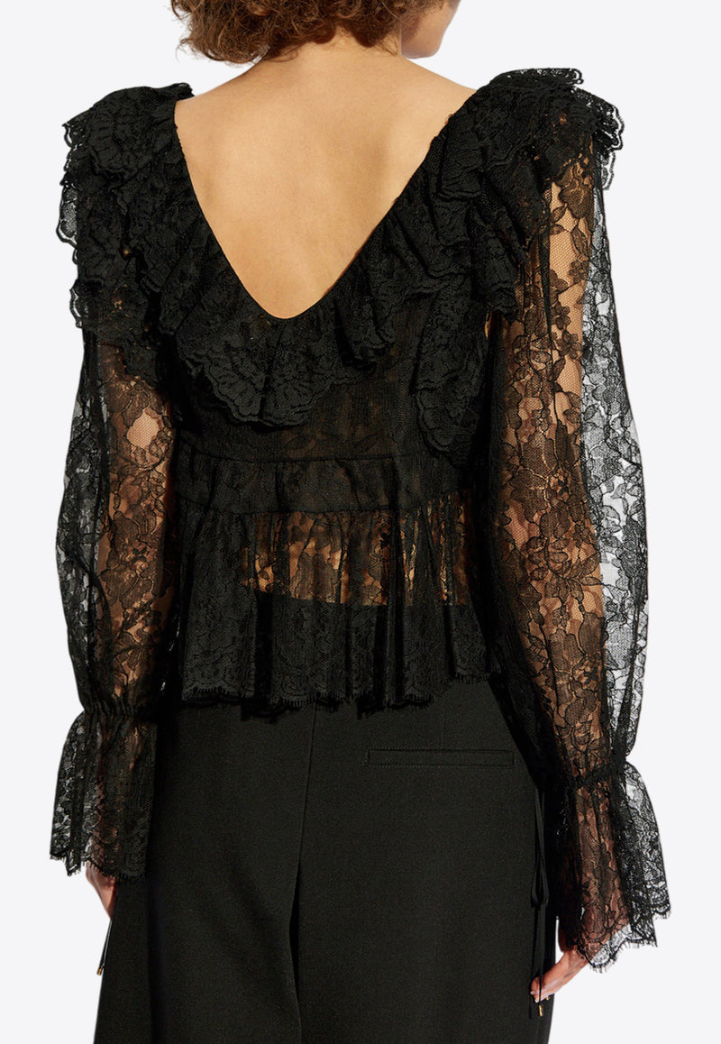 Chloé V-neck Ruffled Lace Top Black CH25SHT15 400-001