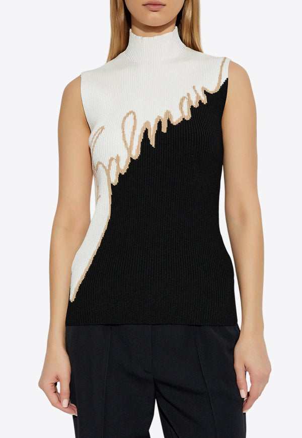 Balmain Logo intarsia Colorblocked Ribbed Top Black EF1AG267 KI12-EMY