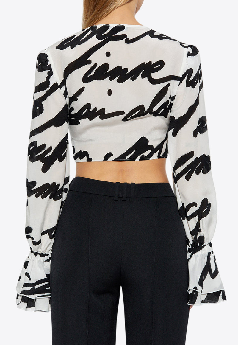 Balmain Love Letter Print Silk Cropped Top White EF1HU296 SE62-GAB