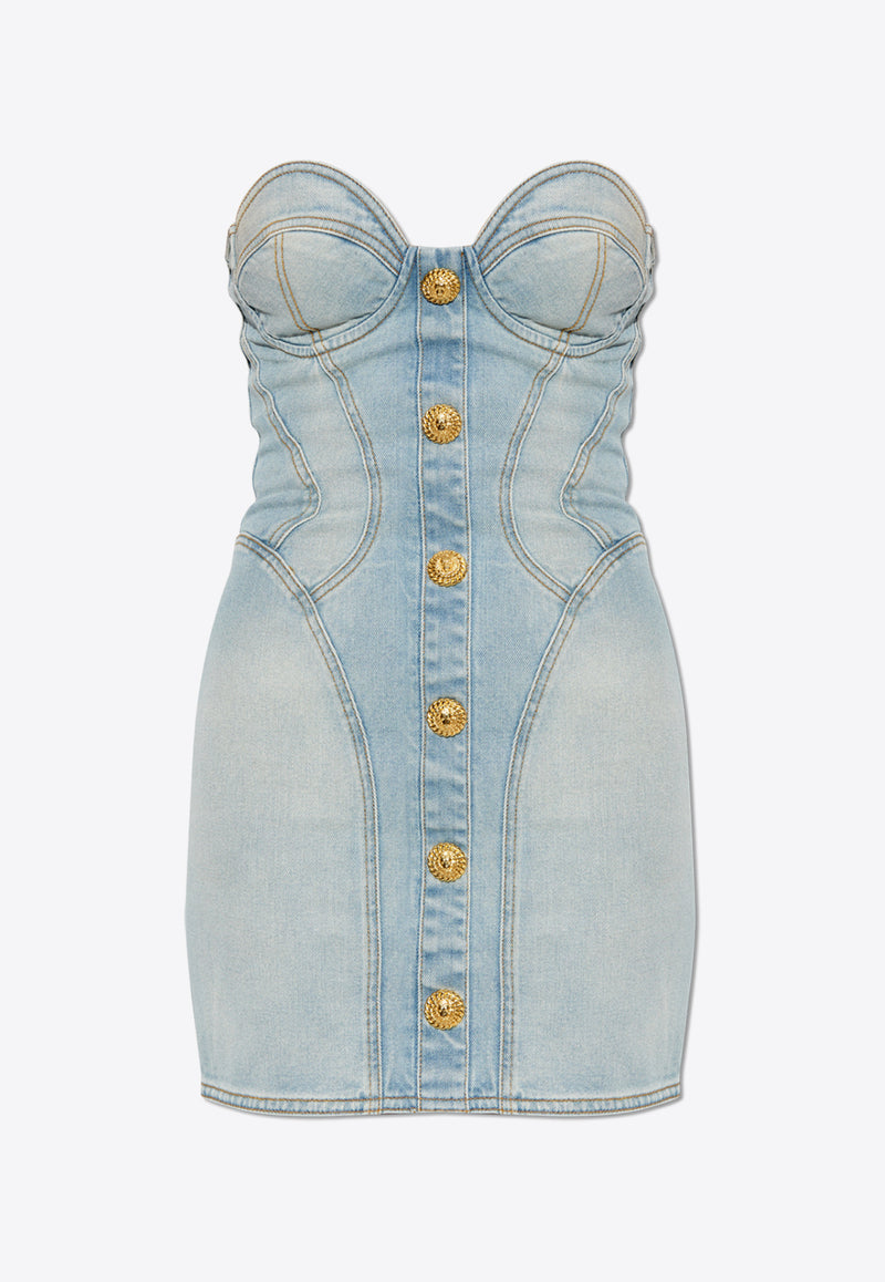 Balmain Strapless Mini Denim Dress Light Blue EF1R1315 DF23-6FC