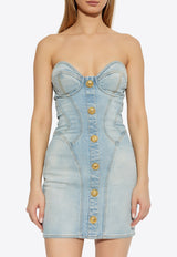 Balmain Strapless Mini Denim Dress Light Blue EF1R1315 DF23-6FC