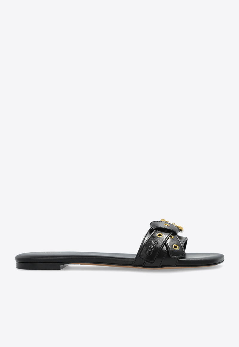 Chloé Mae Knotted-Strap Leather Flat Sandals Black CHC25S08N QJ-001