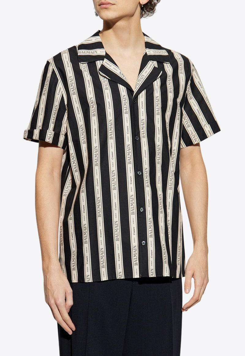 Balmain Striped Logo Print Short-Sleeved Shirt Black EH1HN065 CF80-GUJ