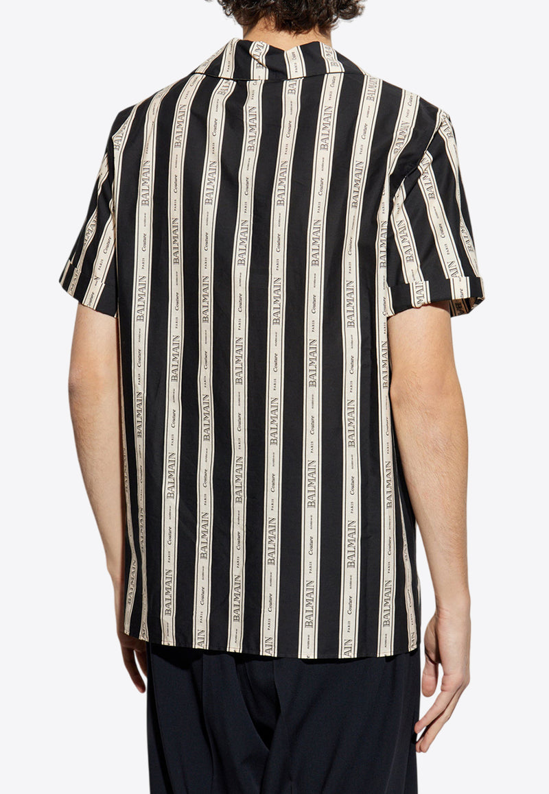 Balmain Striped Logo Print Short-Sleeved Shirt Black EH1HN065 CF80-GUJ