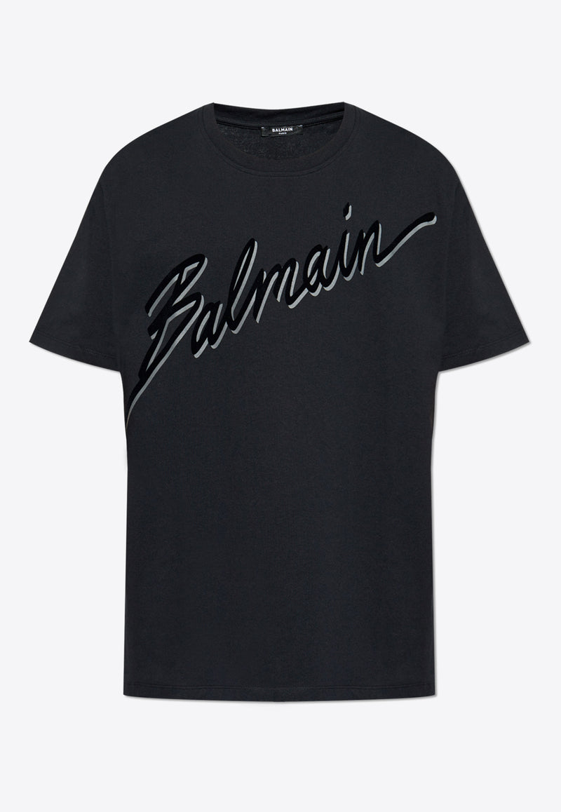 Balmain Flocked-Logo Crewneck T-shirt EH1EG010 BC86-EAP